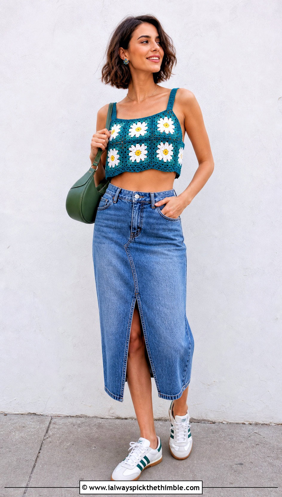 Daisy Granny Square Crop Top With Denim Midi Skirt - 20 granny square crop top outfit ideas