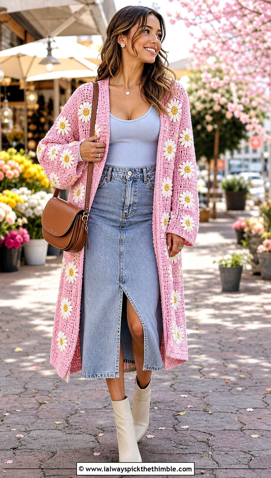Daisy Granny Square Duster With Denim Midi Skirt - 20 Crochet Granny Square Duster outfit ideas
