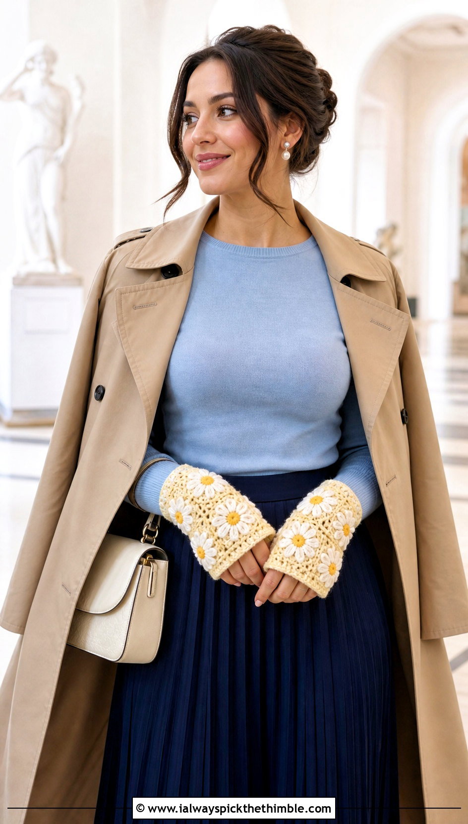 Daisy Granny Square Fingerless Gloves With Pleated Midi Skirt - 20 crochet granny square fingerless gloves outfit ideas