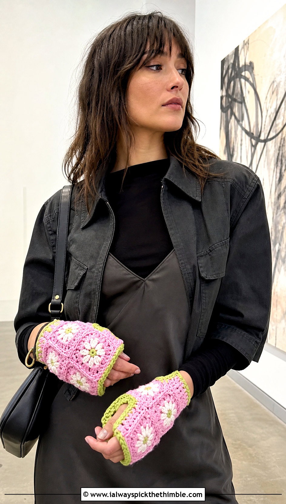 Daisy Granny Square Fingerless Gloves With Slip Dress - 25 granny square fingerless gloves outfit ideas