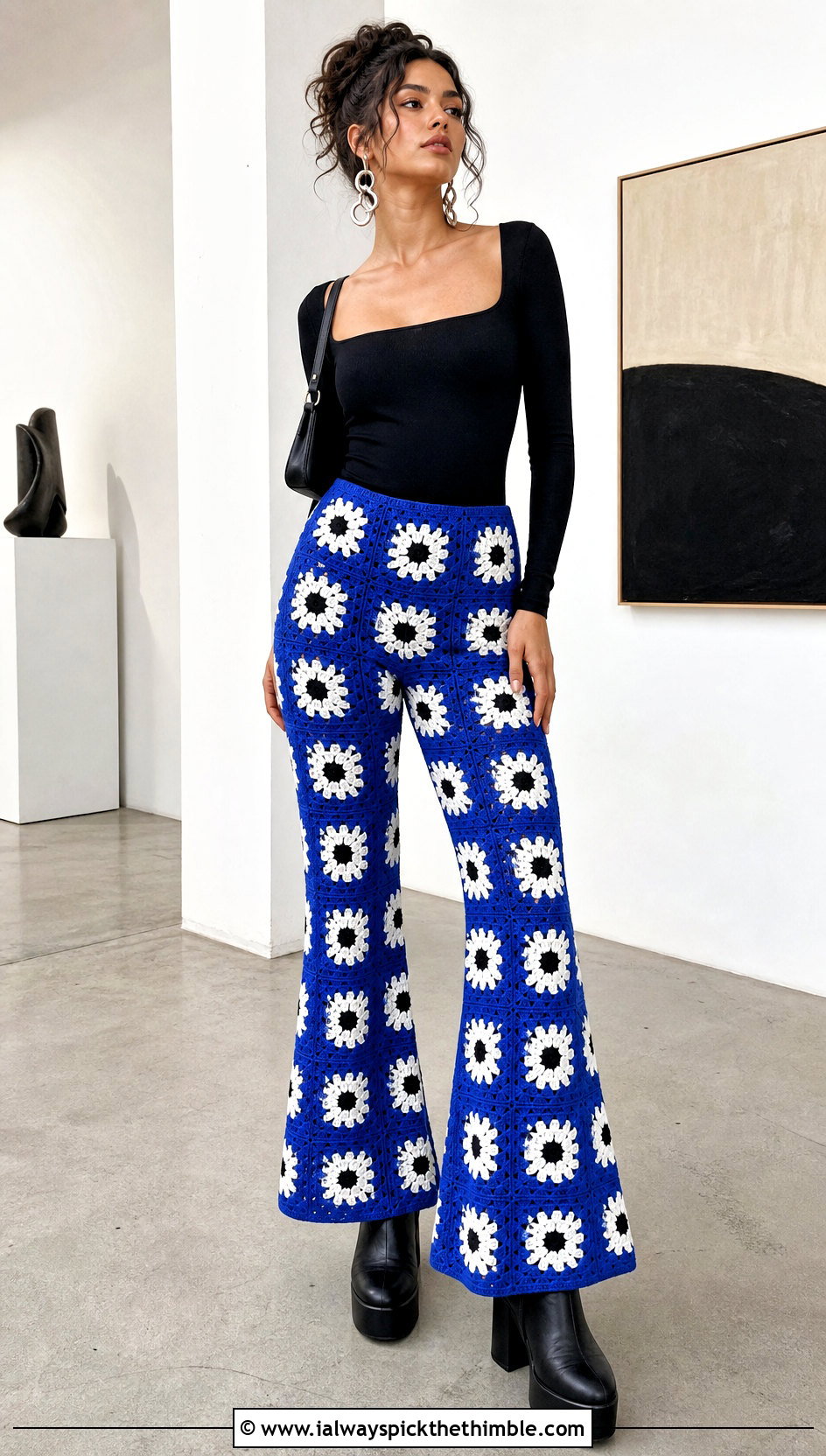 Daisy Granny Square Flare Pants With Black Bodysuit - 25 crochet granny square pants outfit ideas