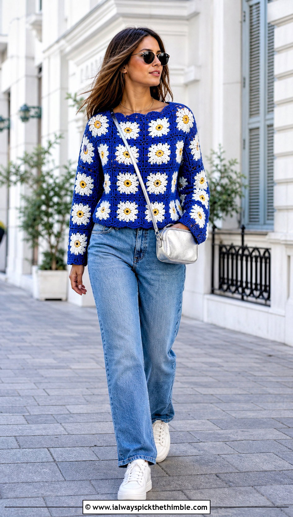 Daisy Granny Square Flower Crochet Sweater With Straight Jeans - 20 flower crochet sweater outfit ideas