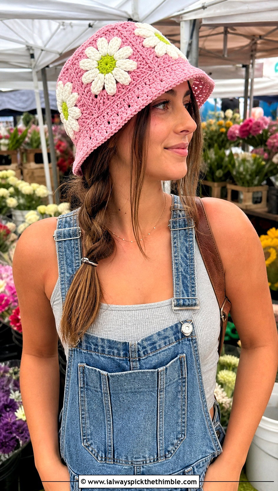 Daisy Granny Square Hat With Denim Overalls - 20 Easy Crochet Granny Square Hats outfit ideas