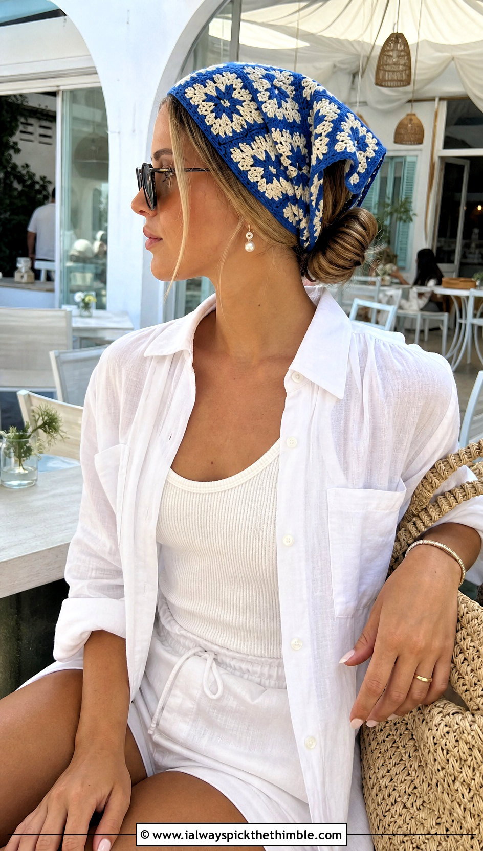 Daisy Granny Square Head Scarf With Linen Set - 25 granny square head scarf outfit ideas