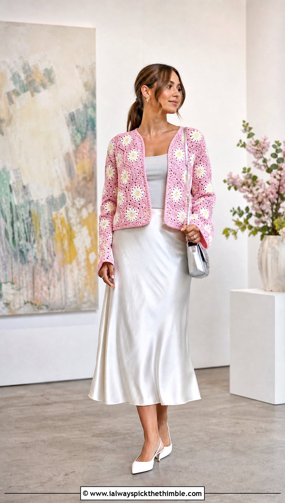 Daisy Granny Square Hexagon Crochet Cardigan With Satin Midi Skirt - 20 Hexagon Crochet Cardigan With Granny Squares outfit ideas
