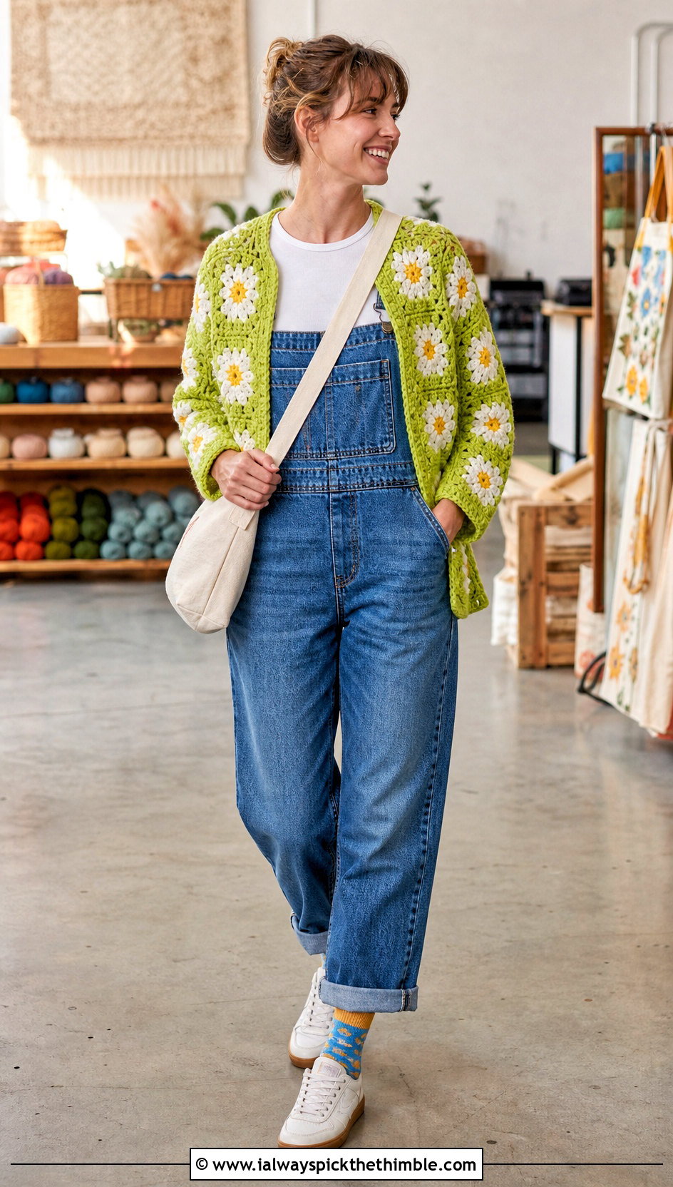 Daisy Granny Square Jacket With Denim Overalls - 25 granny square jacket outfit ideas