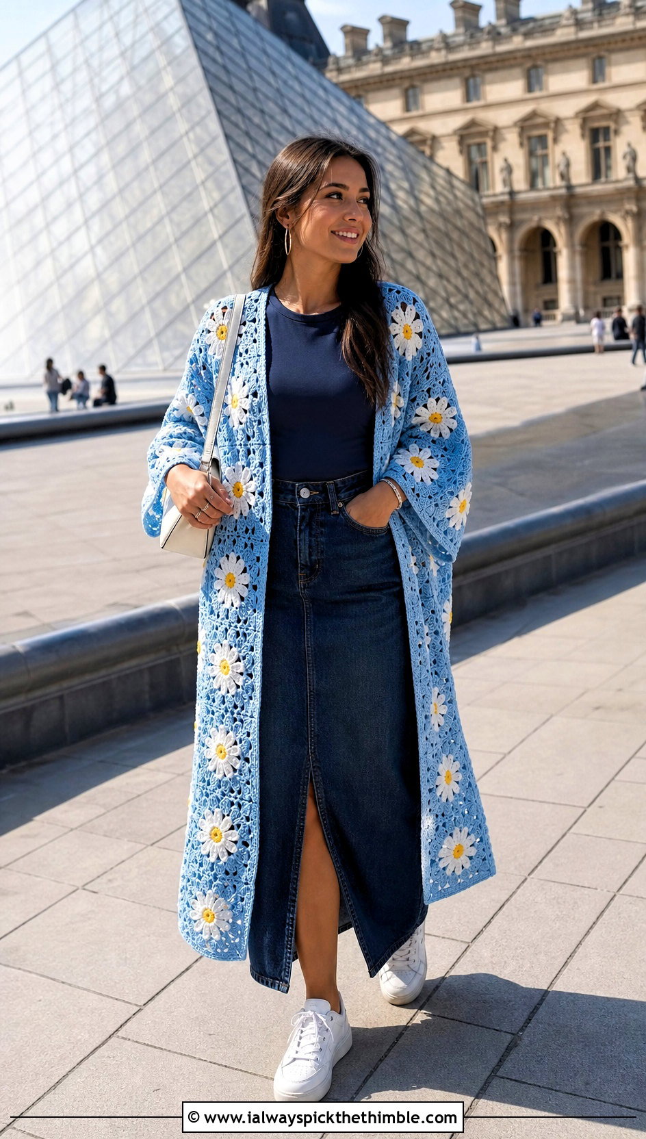 Daisy Granny Square Kimono With Denim Maxi Skirt - 15 crochet granny square kimono outfit ideas