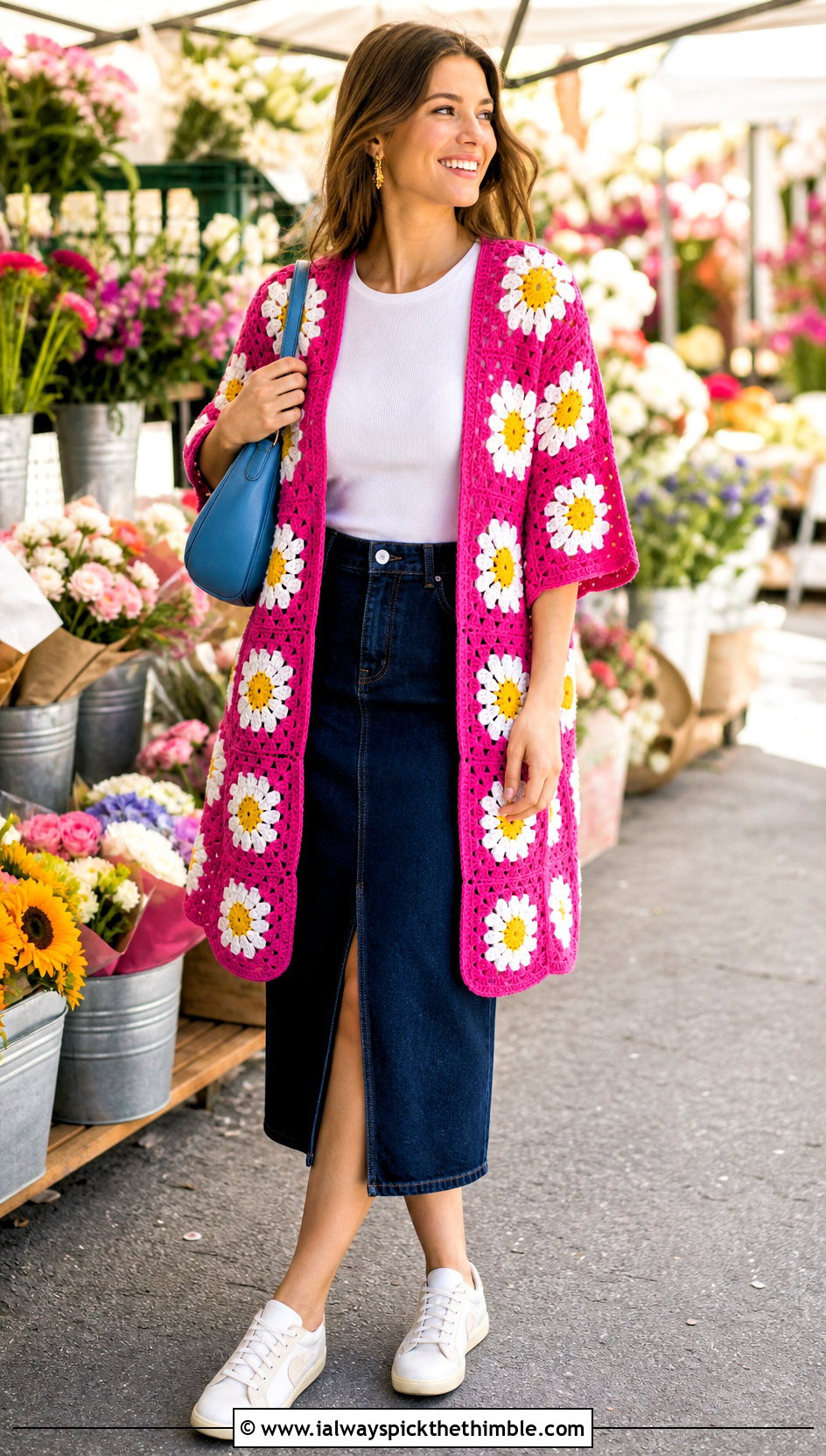 Daisy Granny Square Kimono With Denim Midi Skirt - 20 granny square kimono outfit ideas