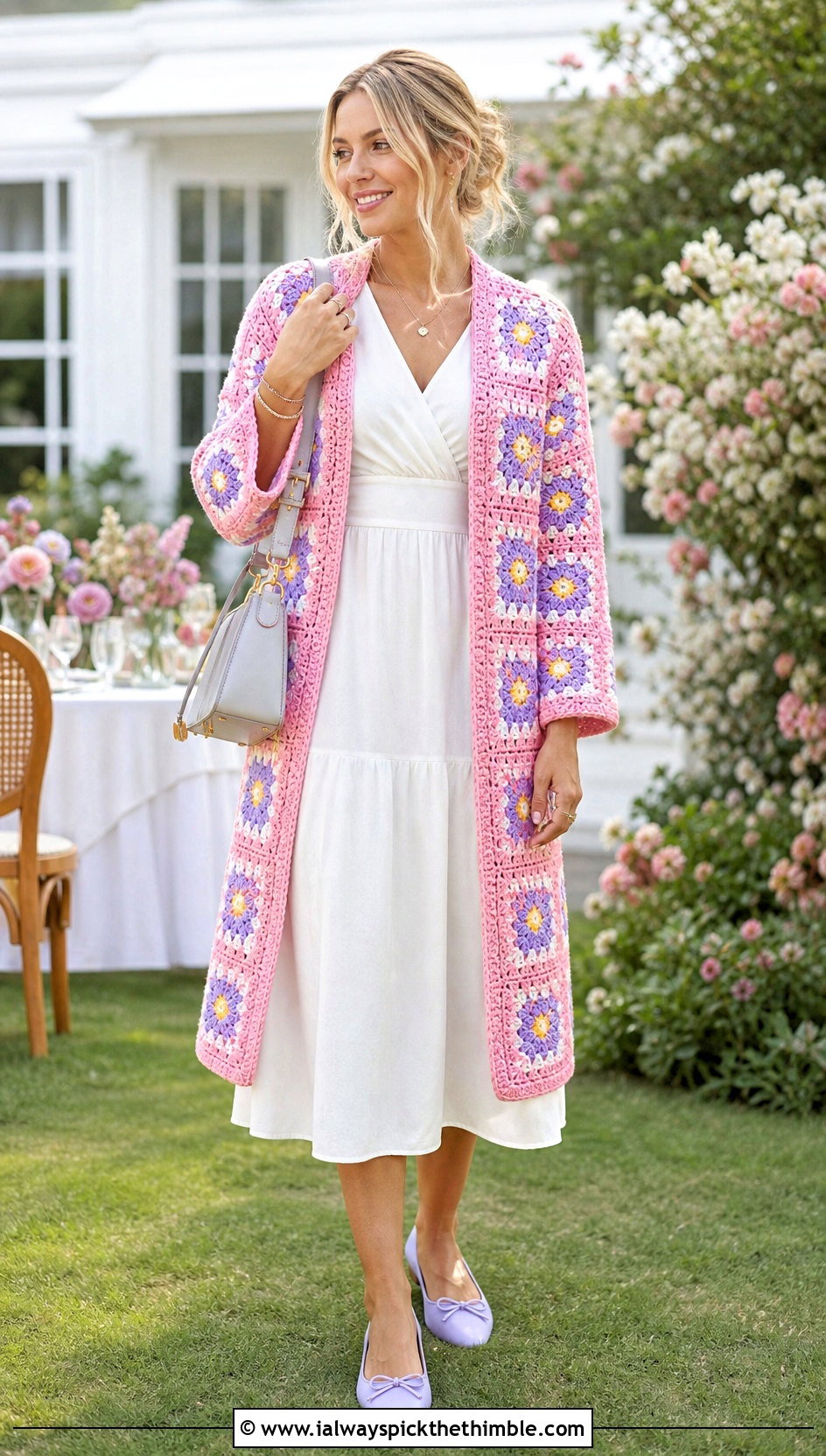 Daisy Granny Square Long Cardigan With White Midi Dress - 20 granny square long cardigan outfit ideas