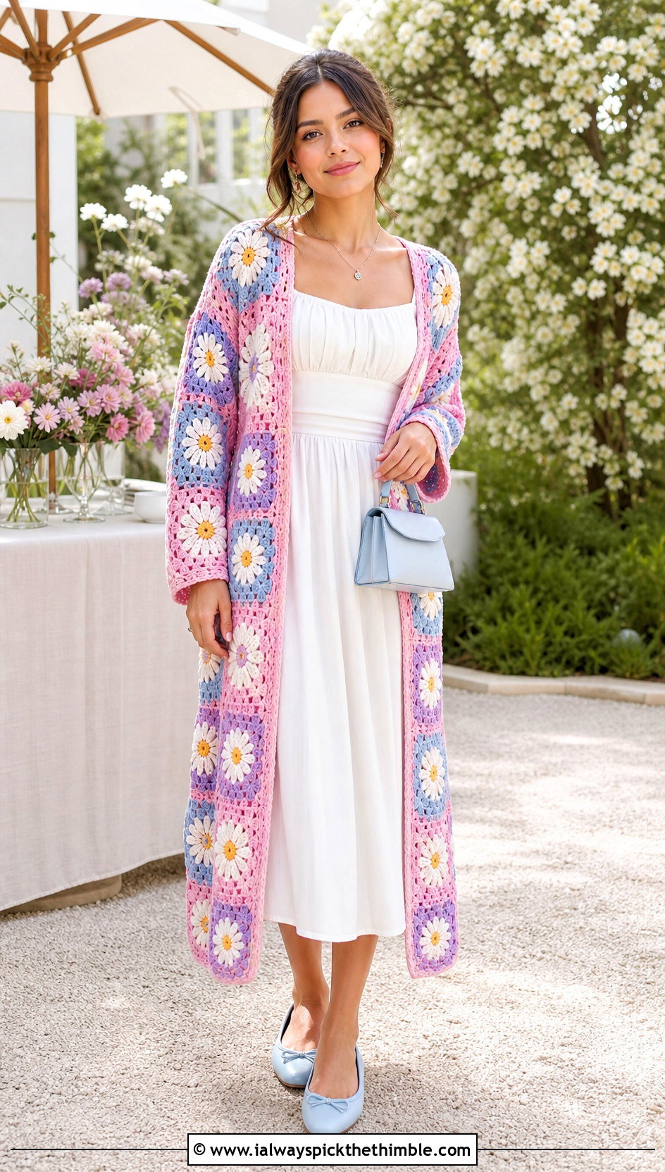 Daisy Granny Square Long Cardigan With White Midi Dress - 20 crochet granny square long cardigan outfit ideas