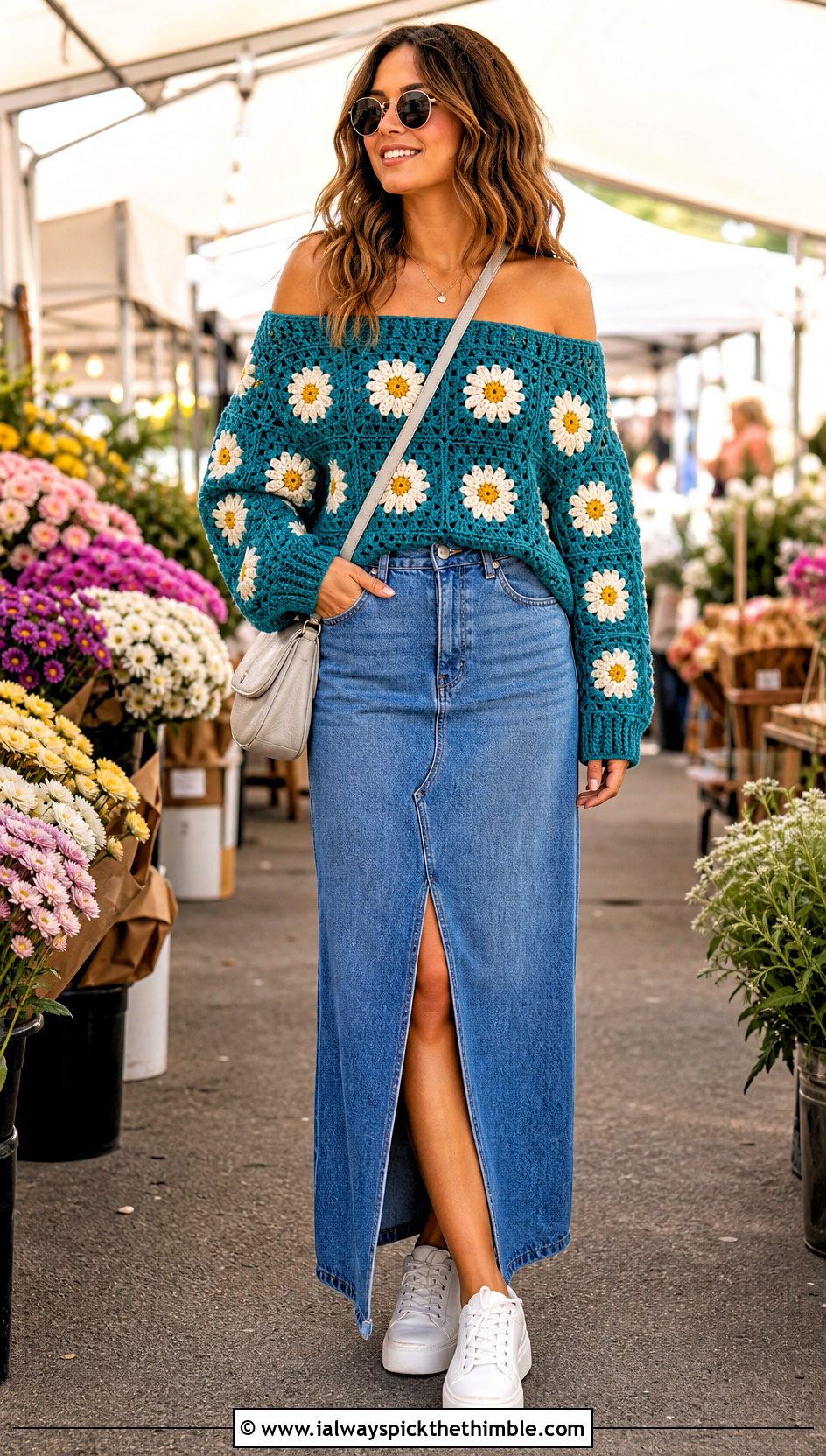 Daisy Granny Square Off The Shoulder Sweater With Denim Maxi Skirt - 20 granny square off the shoulder sweater outfit ideas