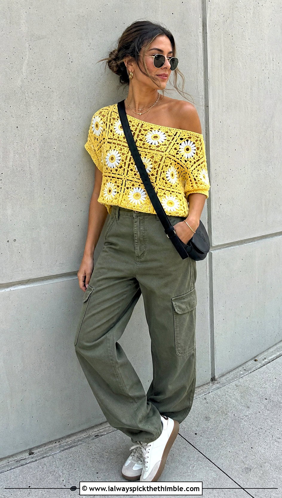Daisy Granny Square Off The Shoulder Top With Cargo Pants - 15 Crochet Off The Shoulder Granny Square Top outfit ideas