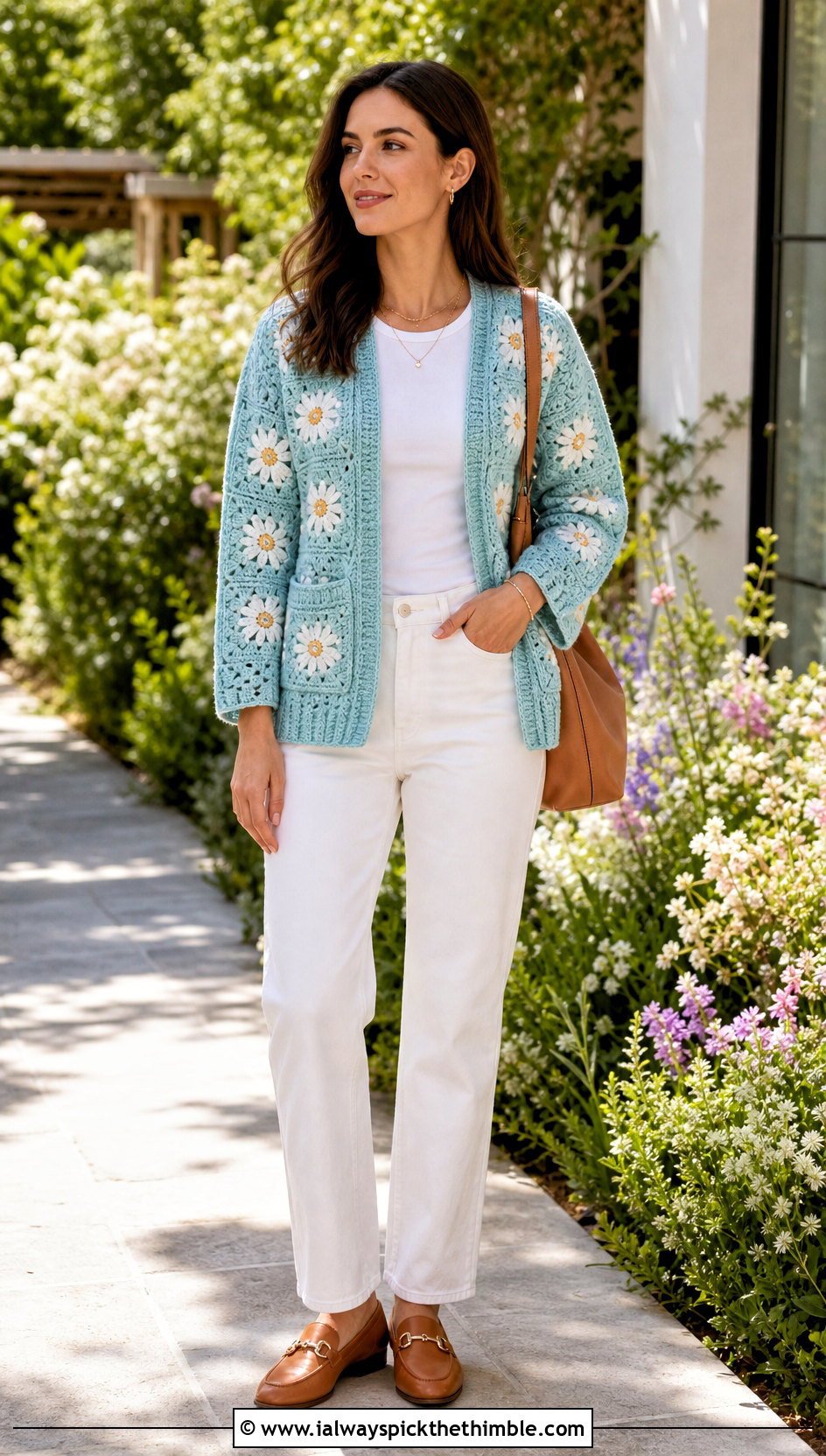 Daisy Granny Square Pocket Cardigan With White Jeans - 20 crochet sweater with pockets outfit ideas