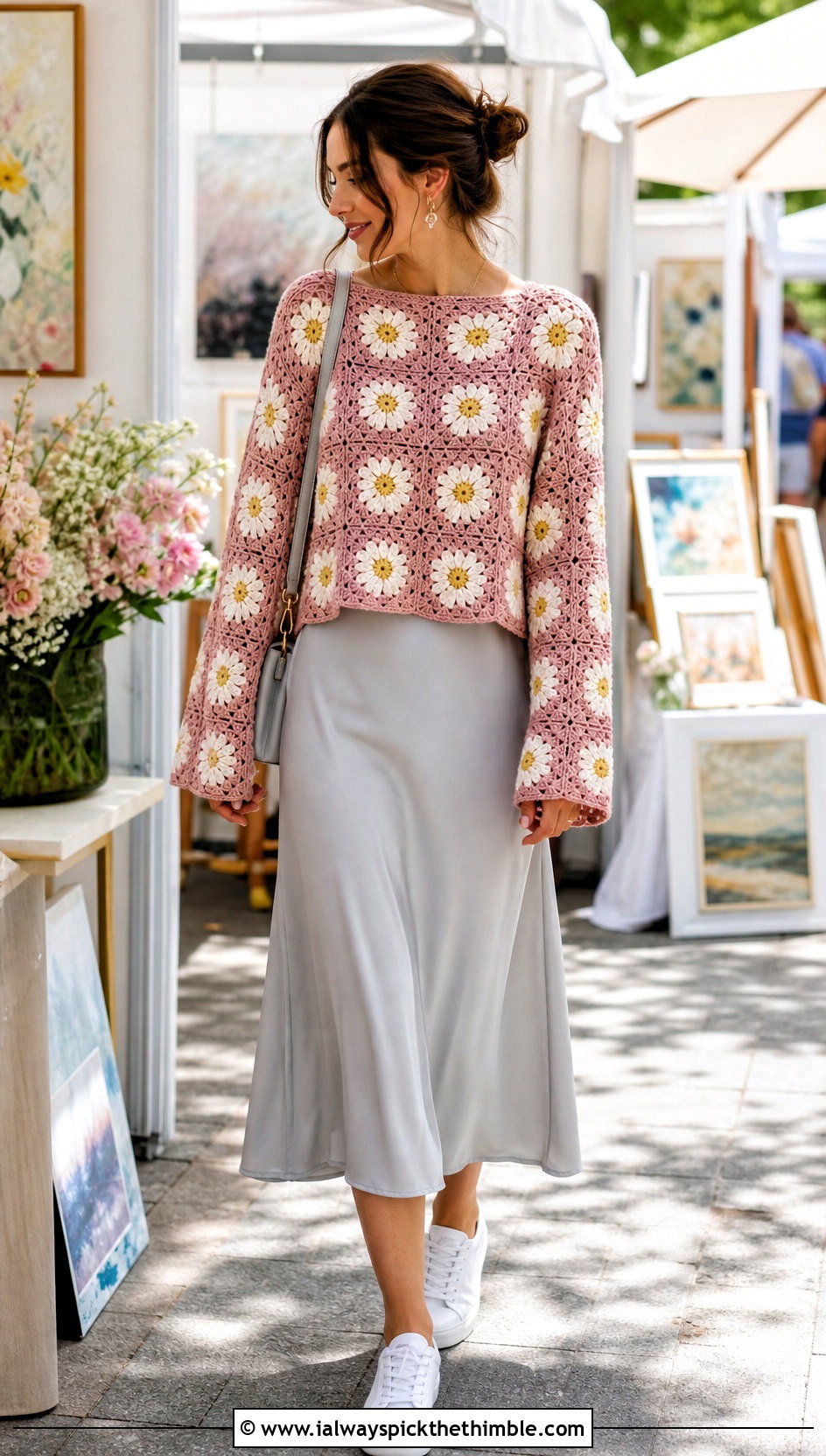 Daisy Granny Square Pullover Over A Slip Dress - 25 crochet granny square pullover outfit ideas