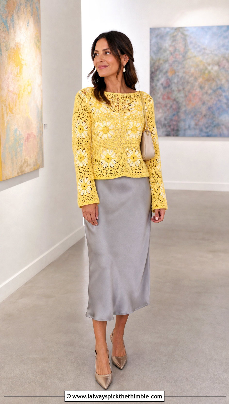 Daisy Granny Square Pullover With Satin Midi Skirt - 20 crochet granny square pullover sweater outfit ideas