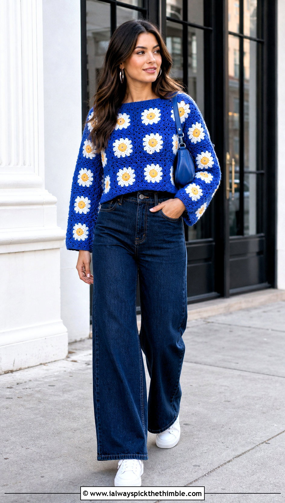 Daisy Granny Square Pullover With Wide Leg Jeans - 25 crochet sweater with flowers outfit ideas