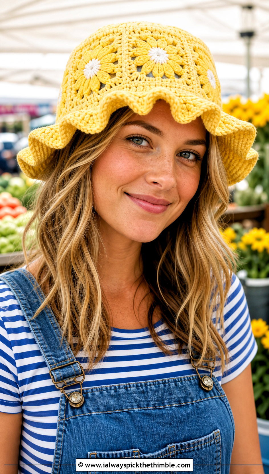 Daisy Granny Square Ruffle Bucket Hat With Overalls - 20 Crochet Bucket Hat With Ruffles outfit ideas