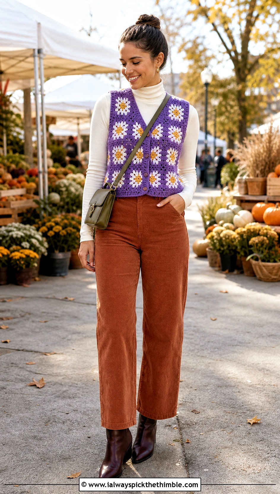 Daisy Granny Square Sleeveless Vest With Corduroy Pants - 20 Granny Square Sleeveless Vest outfit ideas