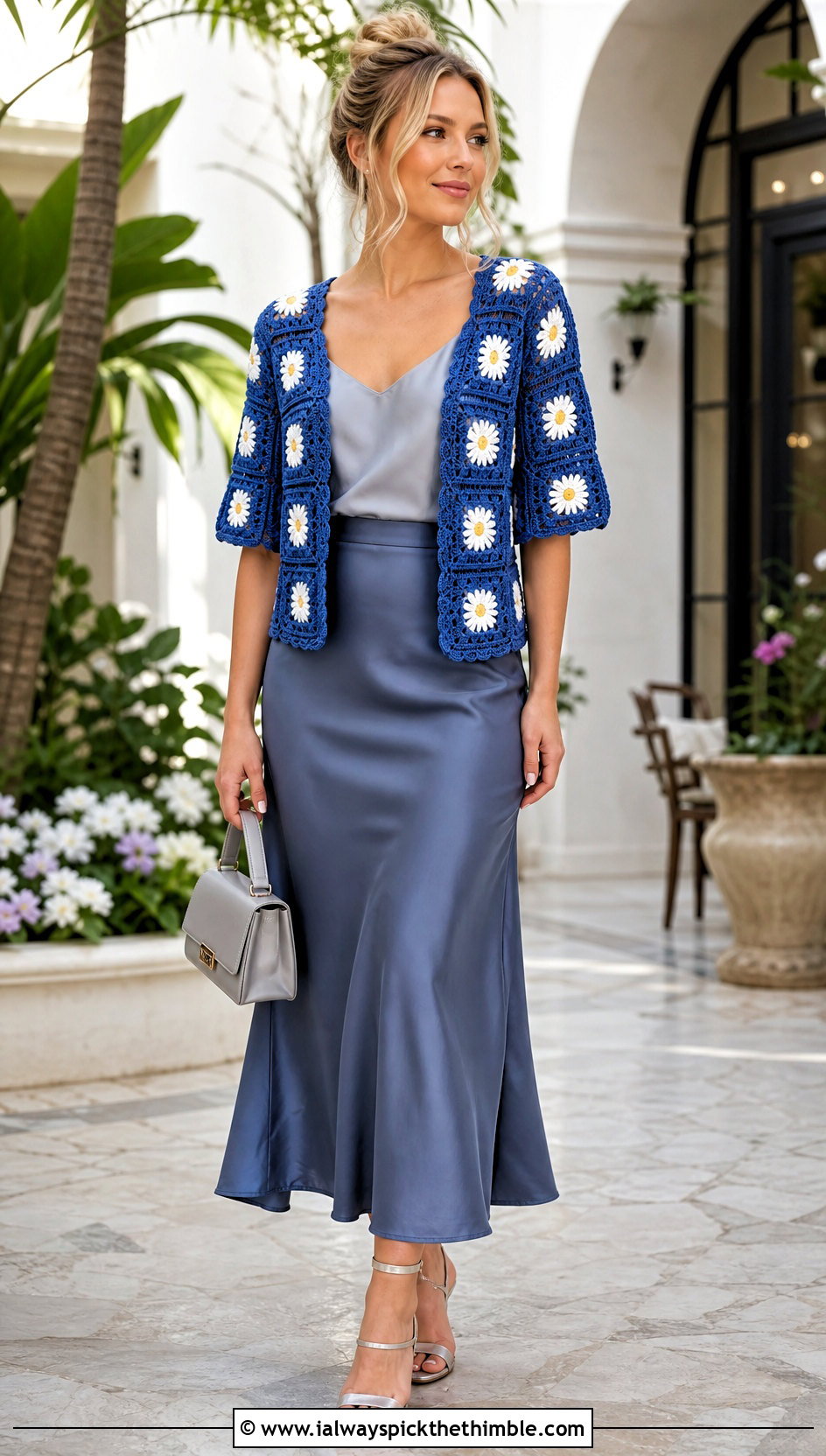 Daisy Granny Square Summer Cardigan With Satin Midi Skirt - 20 granny square summer cardigan outfit ideas
