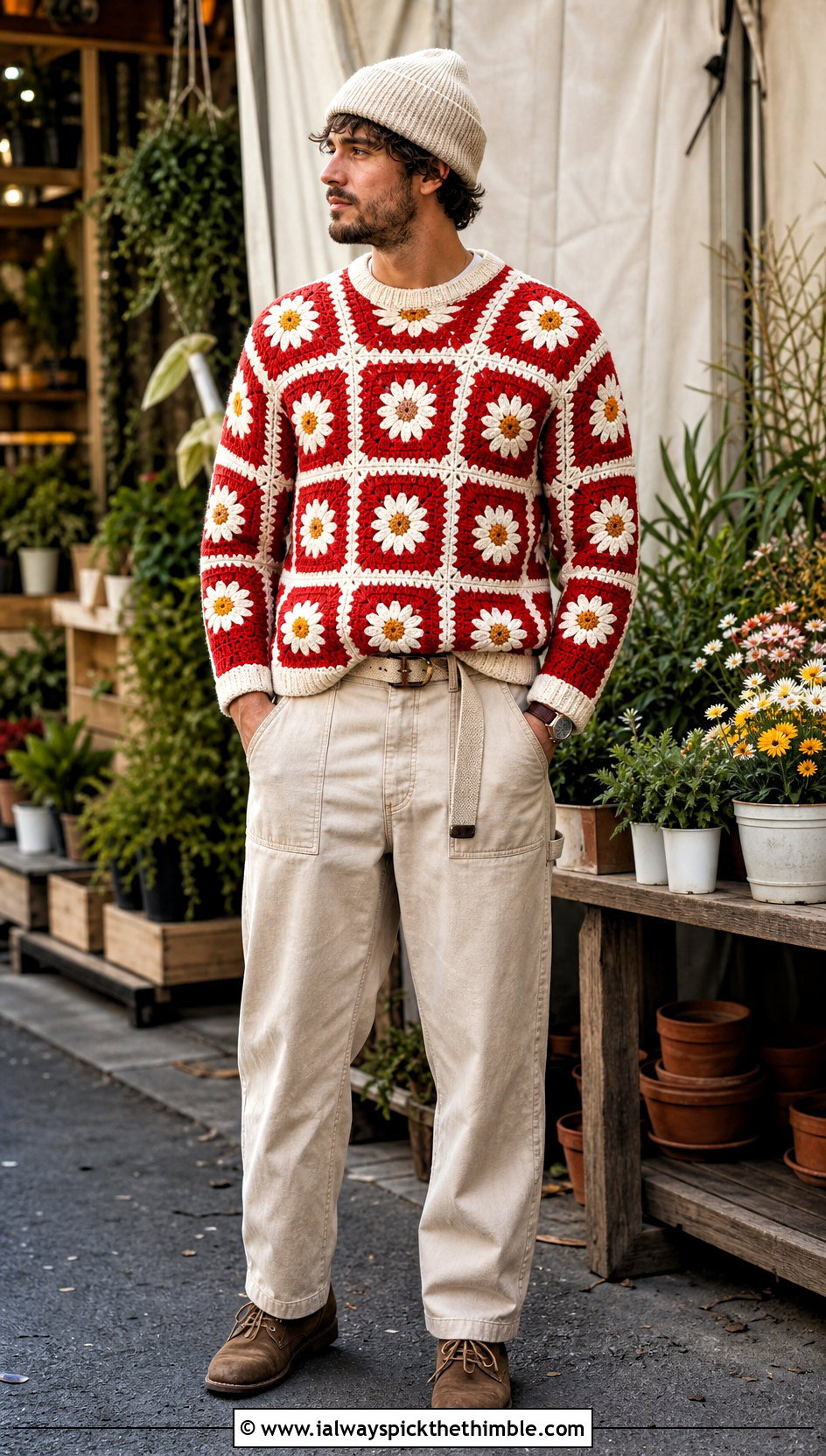 Daisy Granny Square Sweater With Carpenter Pants - 20 Crochet Granny Square Sweater For Men outfit ideas