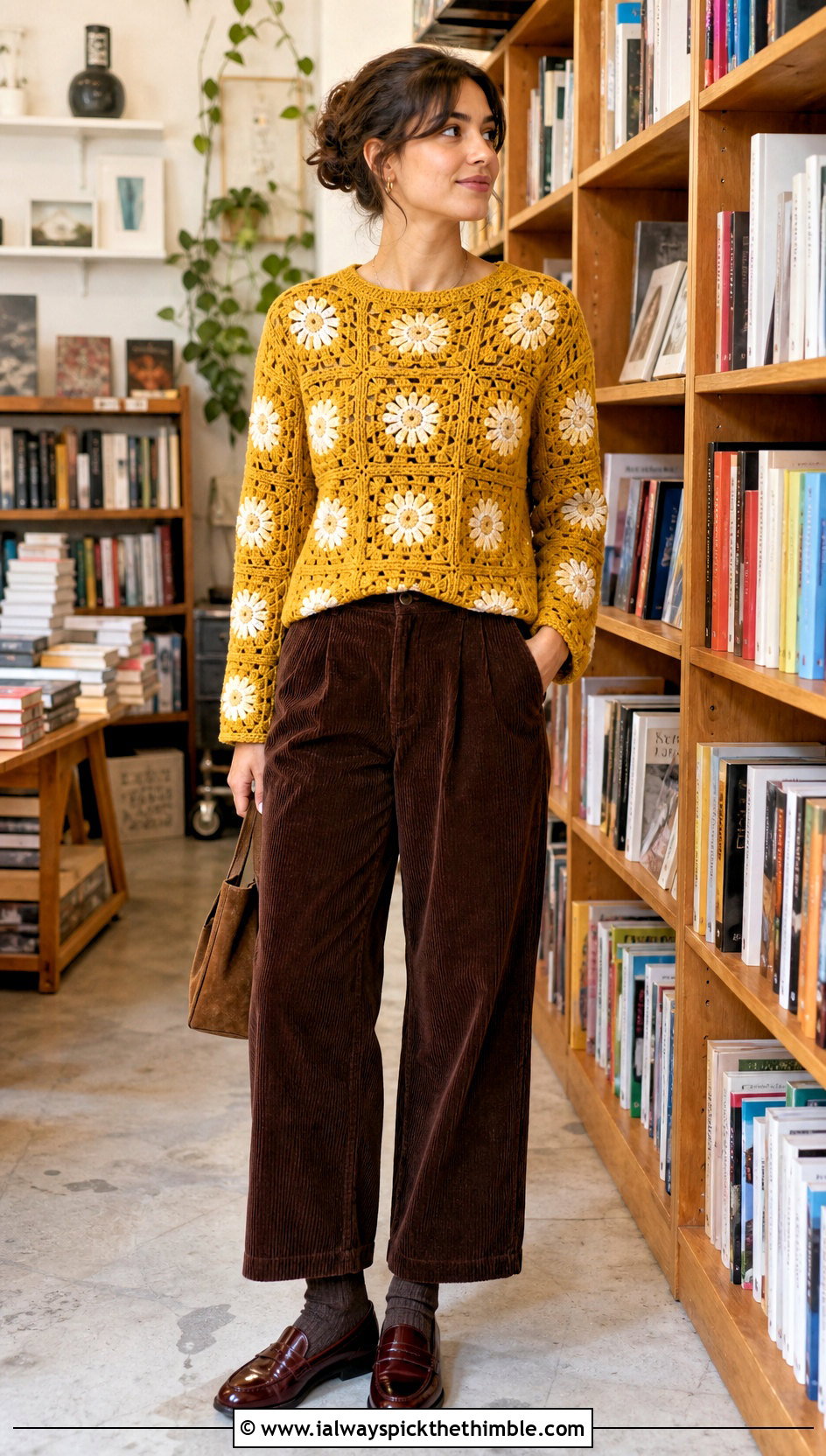 Daisy Granny Square Sweater With Corduroy Trousers - 20 Fall Granny Square Sweater outfit ideas