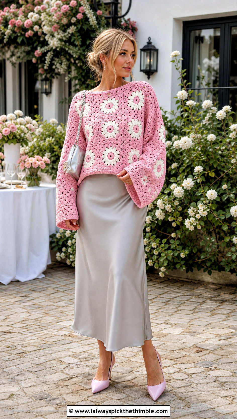 Daisy Granny Square Sweater With Satin Midi Skirt - 15 Crochet Oversized Granny Square Sweater outfit ideas