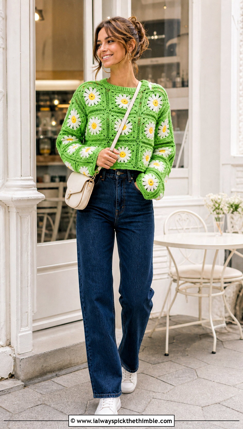 Daisy Granny Square Sweater With Straight Leg Jeans - 20 crochet sweater with granny squares outfit ideas