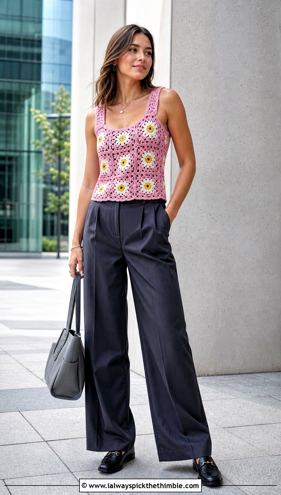 Daisy Granny Square Tank Top With Tailored Trousers - 20 Crochet Granny Square Tank Top outfit ideas