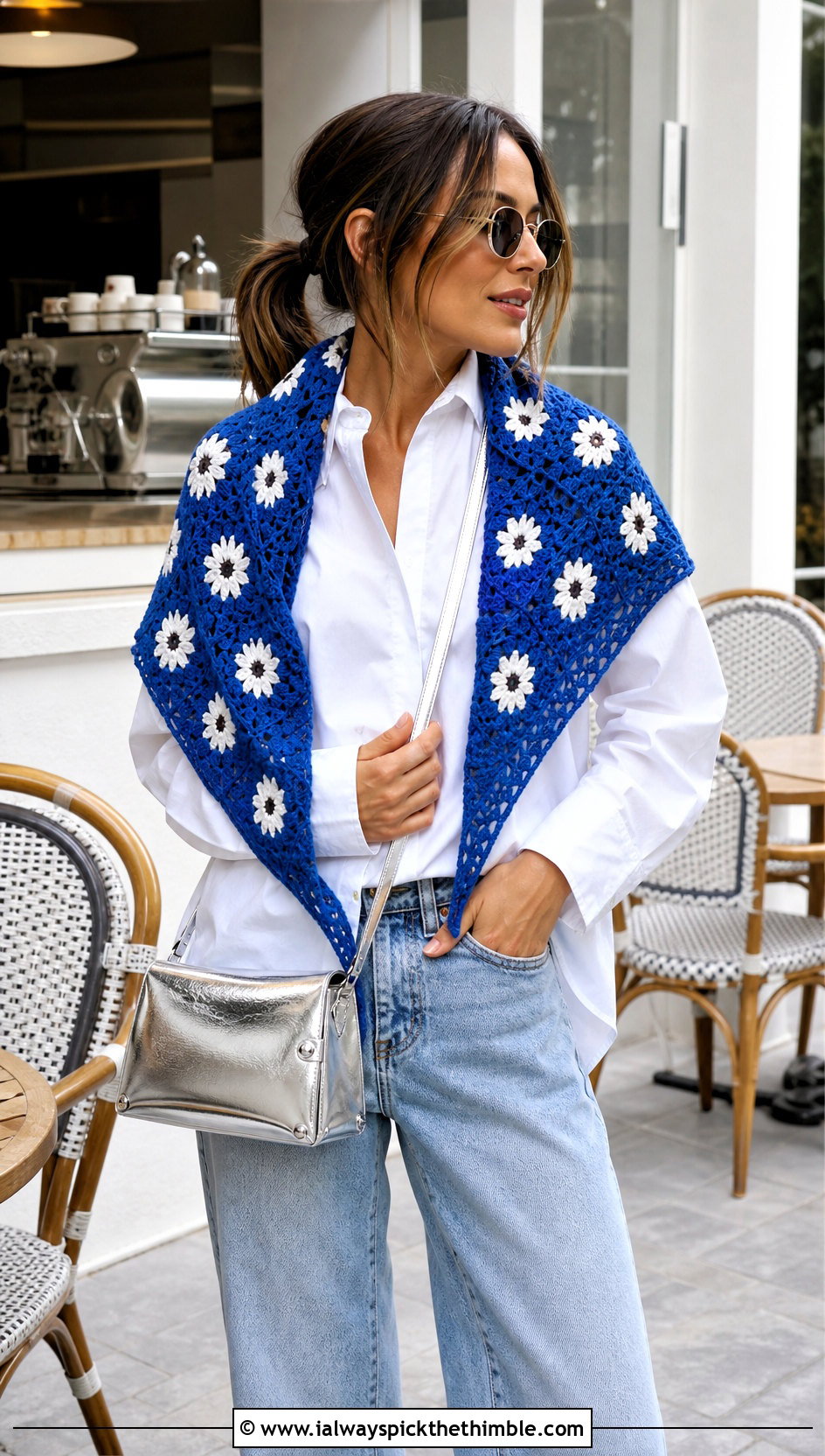 Daisy Granny Square Triangle Shawl With White Shirt And Jeans - 15 Crochet Flower Shawl outfit ideas