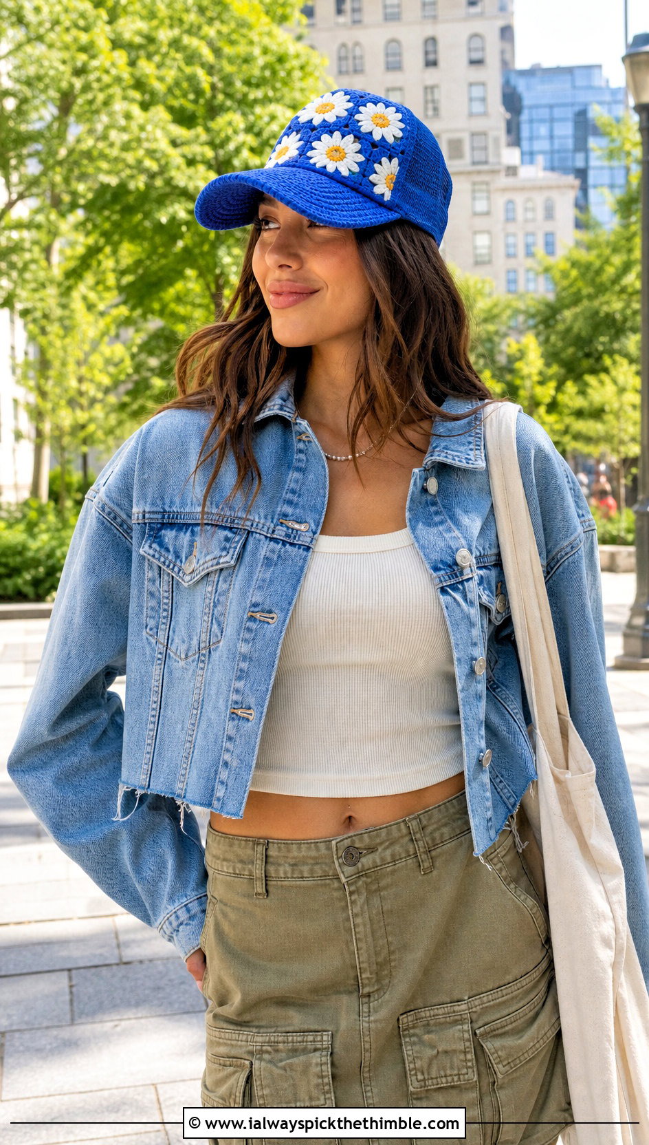 Daisy Granny Square Trucker Hat With Denim Jacket And Cargo Skirt - 25 granny square trucker hat outfit ideas