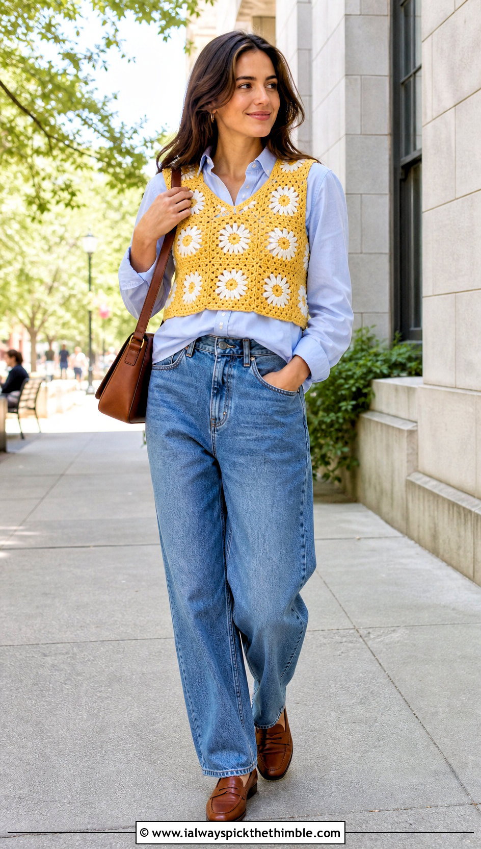 Daisy Granny Square Vest With Oxford Shirt And Barrel Jeans - 25 Granny Square Outfit ideas