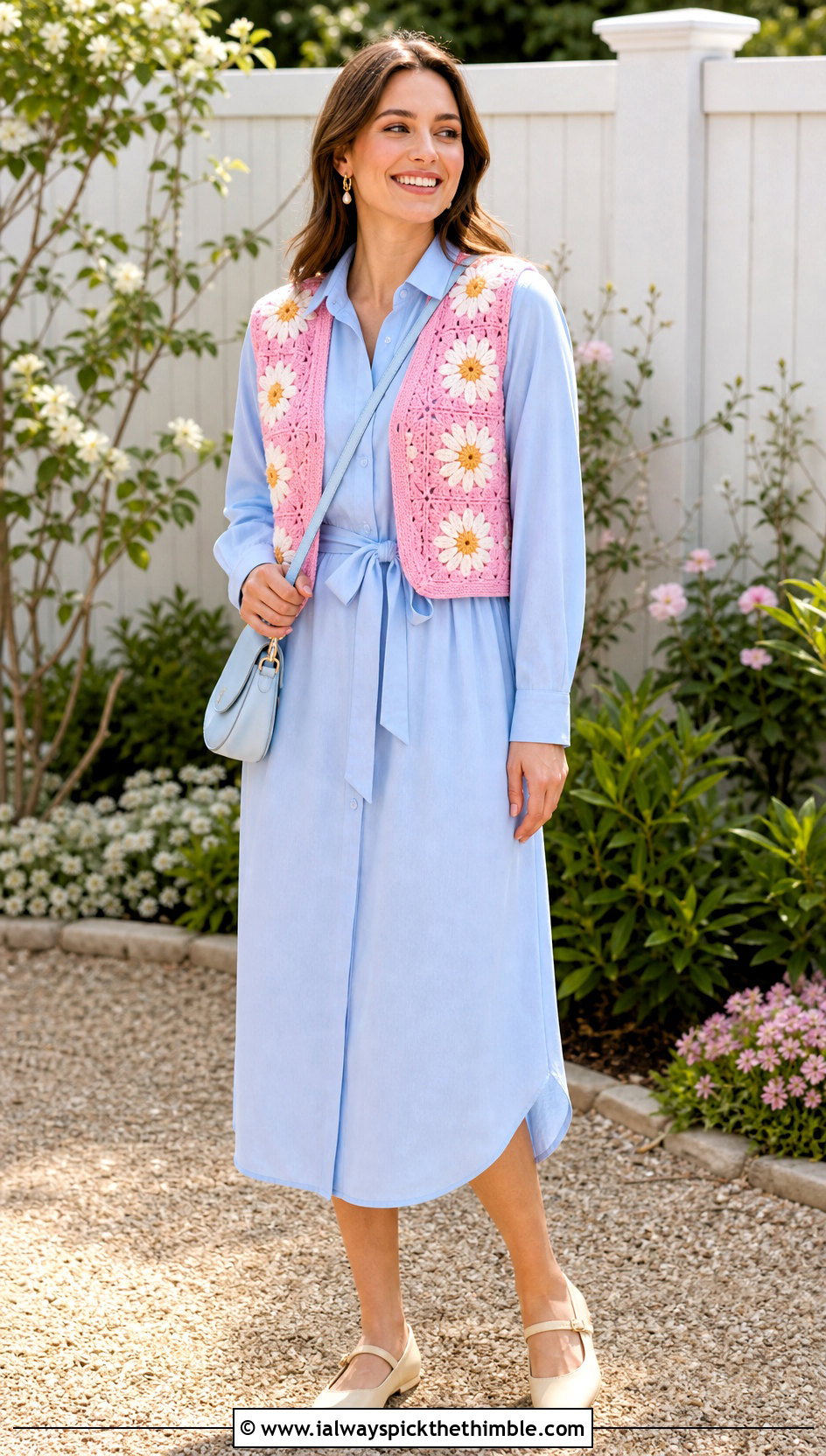 Daisy Granny Square Waistcoat With Shirt Dress - 20 crochet granny square waistcoat outfit ideas