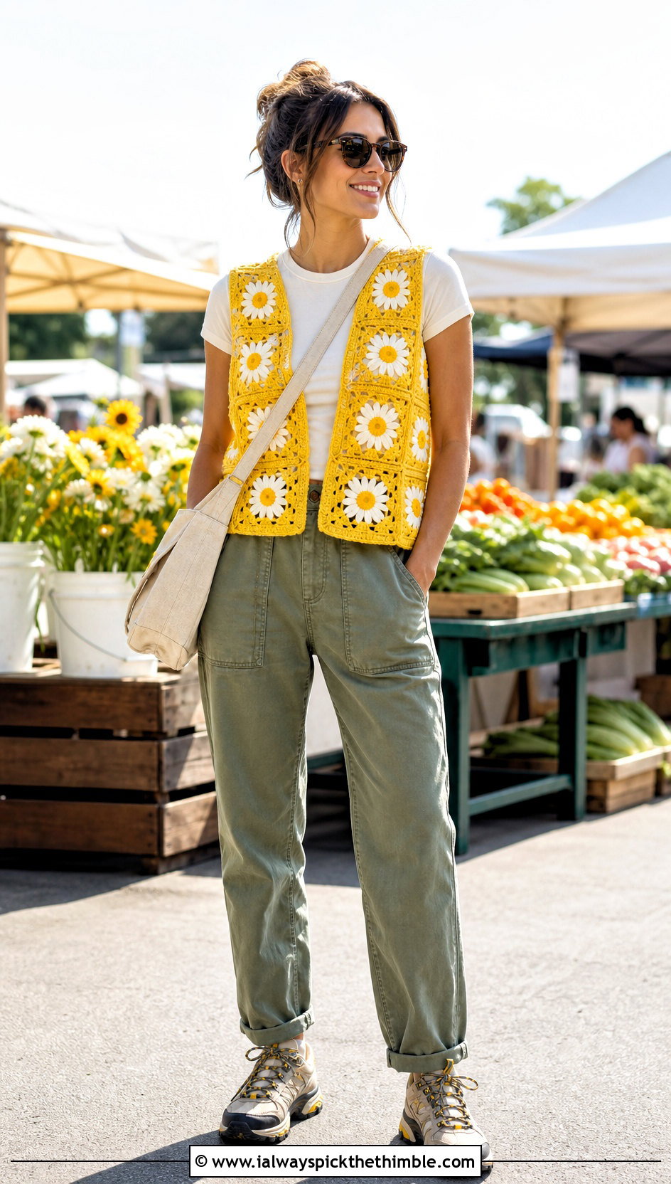 Daisy Granny Square Waistcoat With Utility Pants - 25 granny square waistcoat outfit ideas