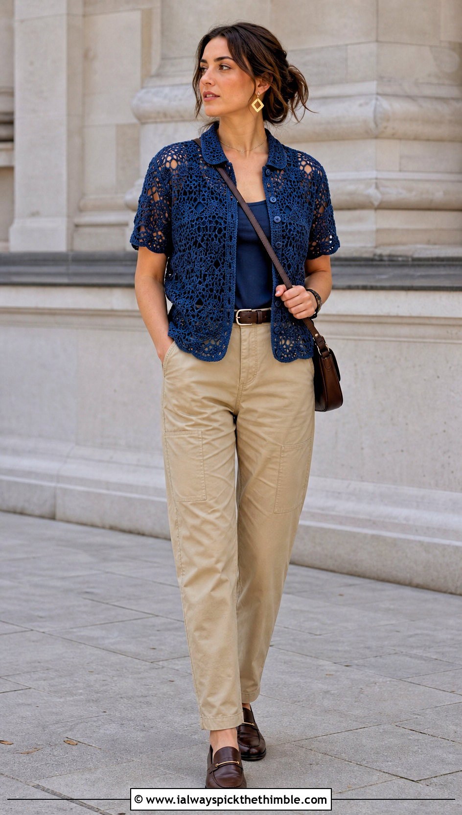 Daisy Jones Collared Button Up Crochet Top With Utility Pants - 20 Daisy Jones Crochet Top outfit ideas