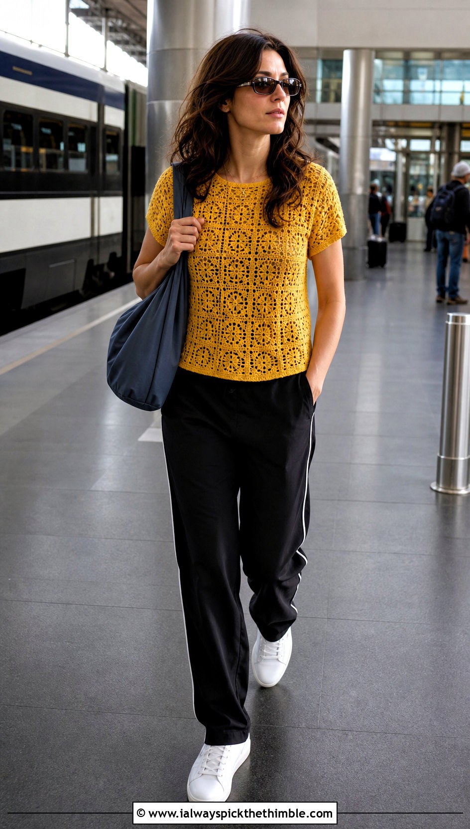 Daisy Jones Crochet Tee With Track Pants And Sneakers - 20 Daisy Jones Crochet Top outfit ideas