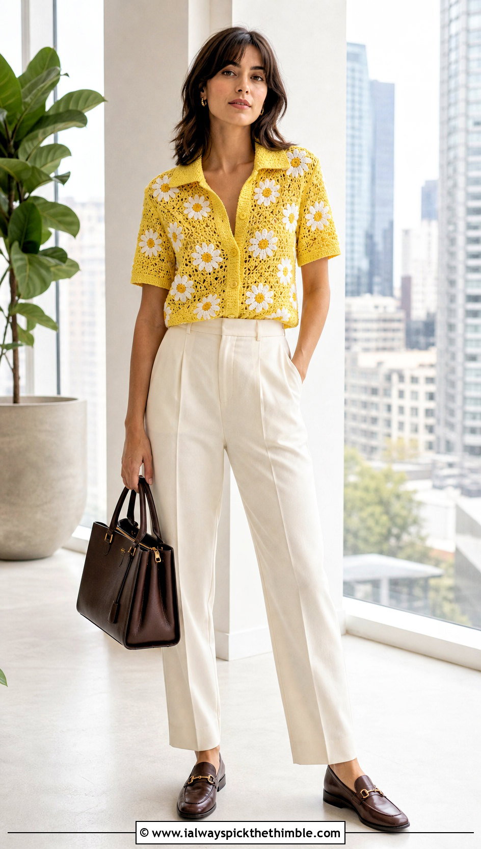 Daisy Jones Floral Motif Crochet Shirt With Tailored Trousers - 20 Daisy Jones Crochet Top outfit ideas