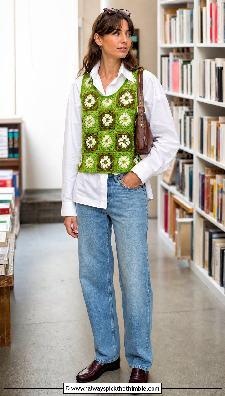 Daisy Jones Patchwork Crochet Vest Top With White Shirt And Jeans - 20 Daisy Jones Crochet Top outfit ideas
