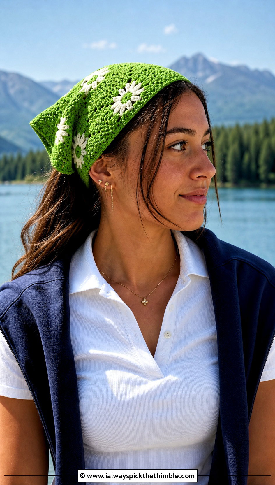 Daisy Motif Crochet Bandana With Tennis Skirt - 20 Crochet Boho Head Scarf outfit ideas
