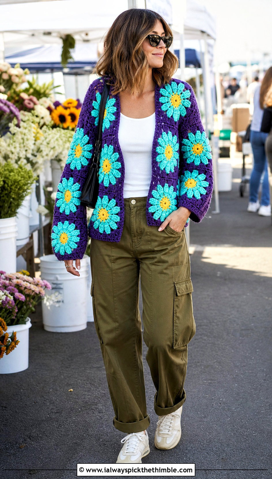 Daisy Motif Crochet Cardigan With Cargo Pants - 20 Crochet Colourful Cardigan outfit ideas