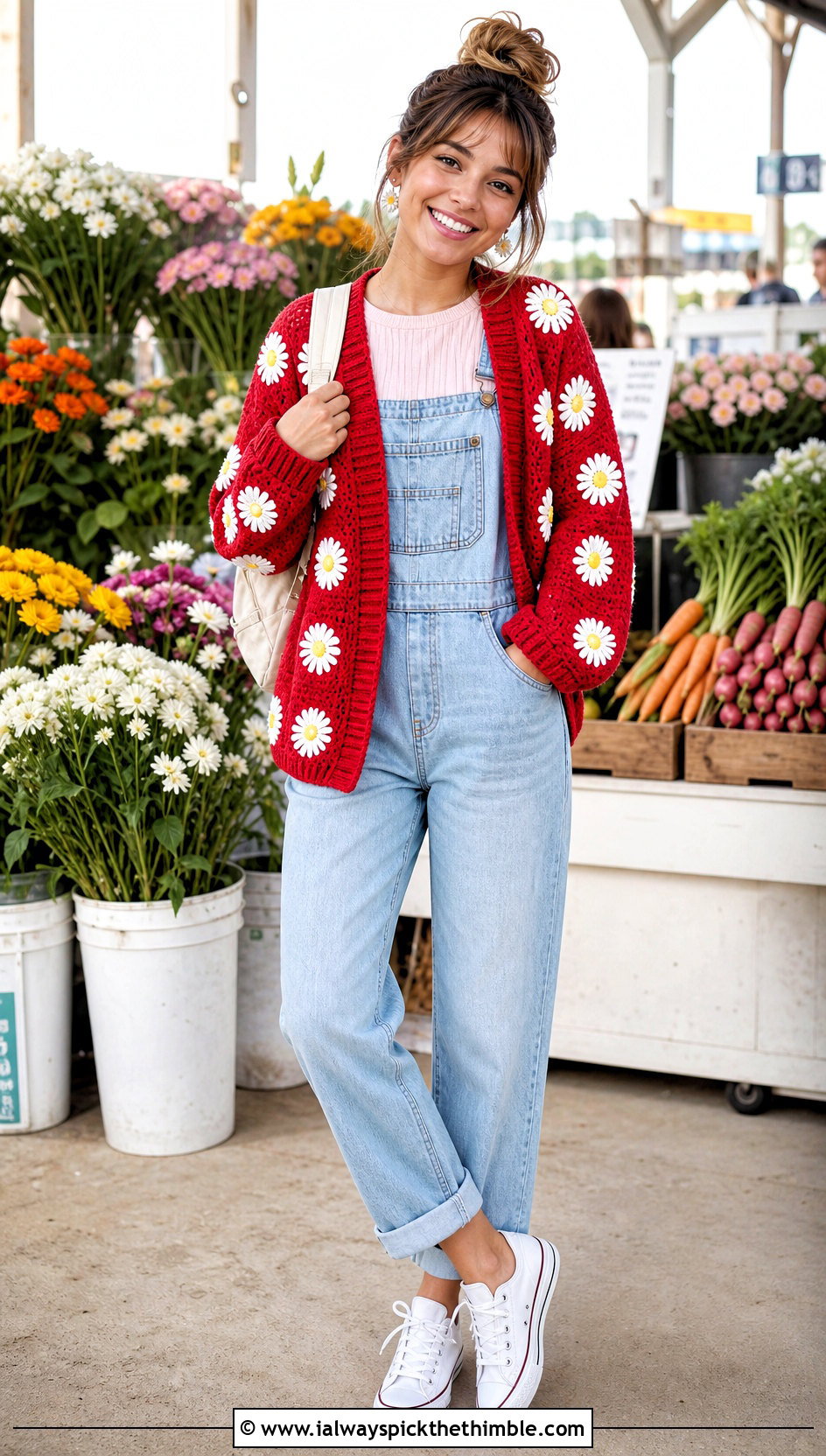 Daisy Motif Crochet Cardigan With Denim Overalls - 20 kawaii crochet cardigan outfit ideas