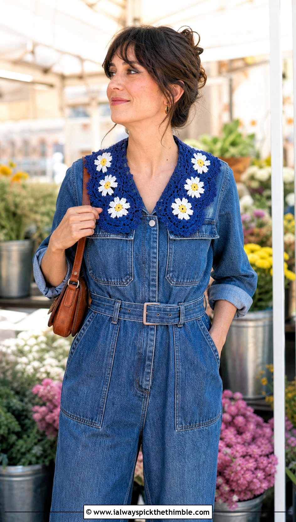 Daisy Motif Crochet Collar With Denim Jumpsuit - 25 crochet collar outfit ideas
