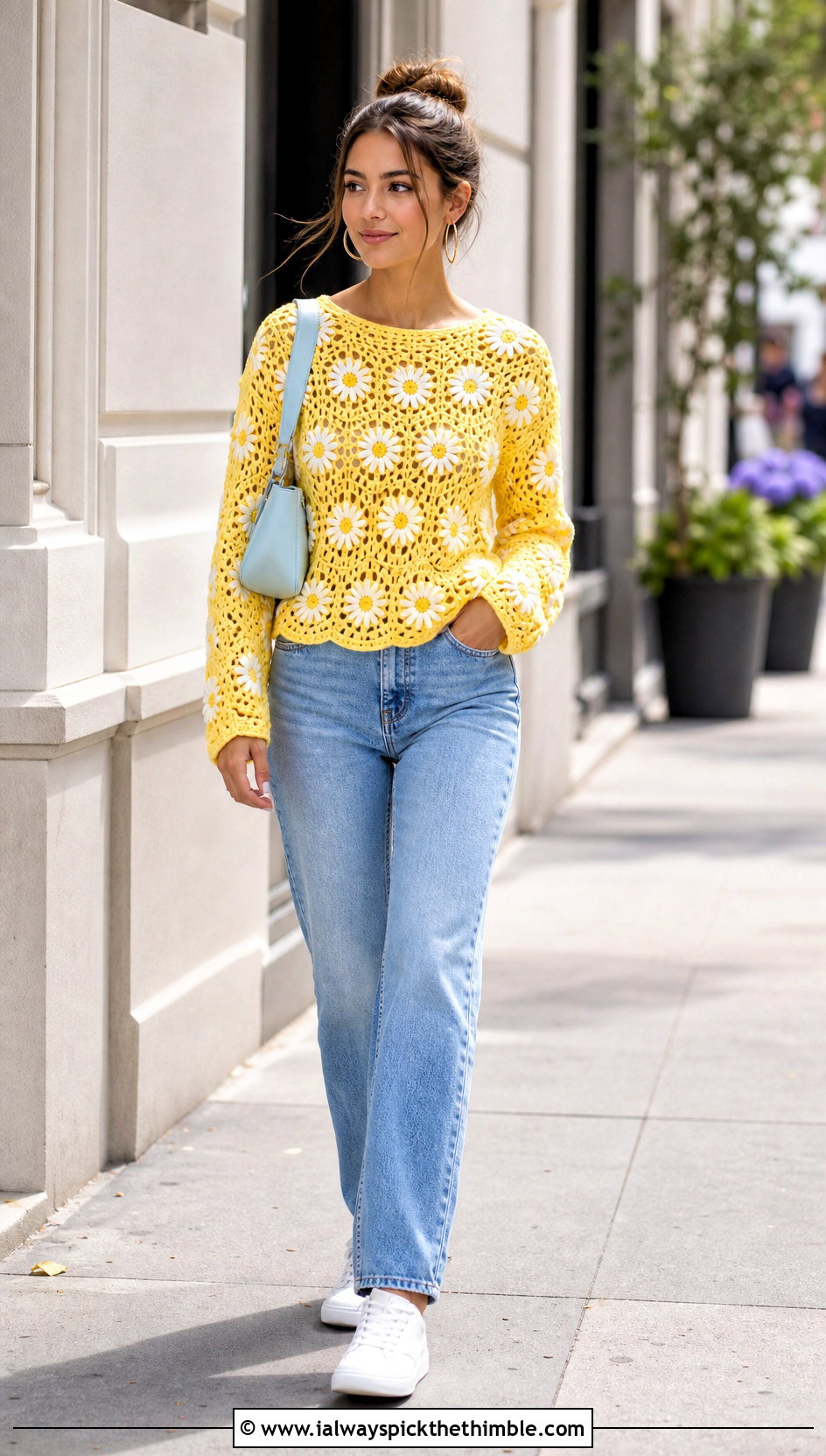 Daisy Motif Crochet Flower Long Sleeve Top With Straight Jeans - 20 Crochet Flower Top Long Sleeve outfit ideas