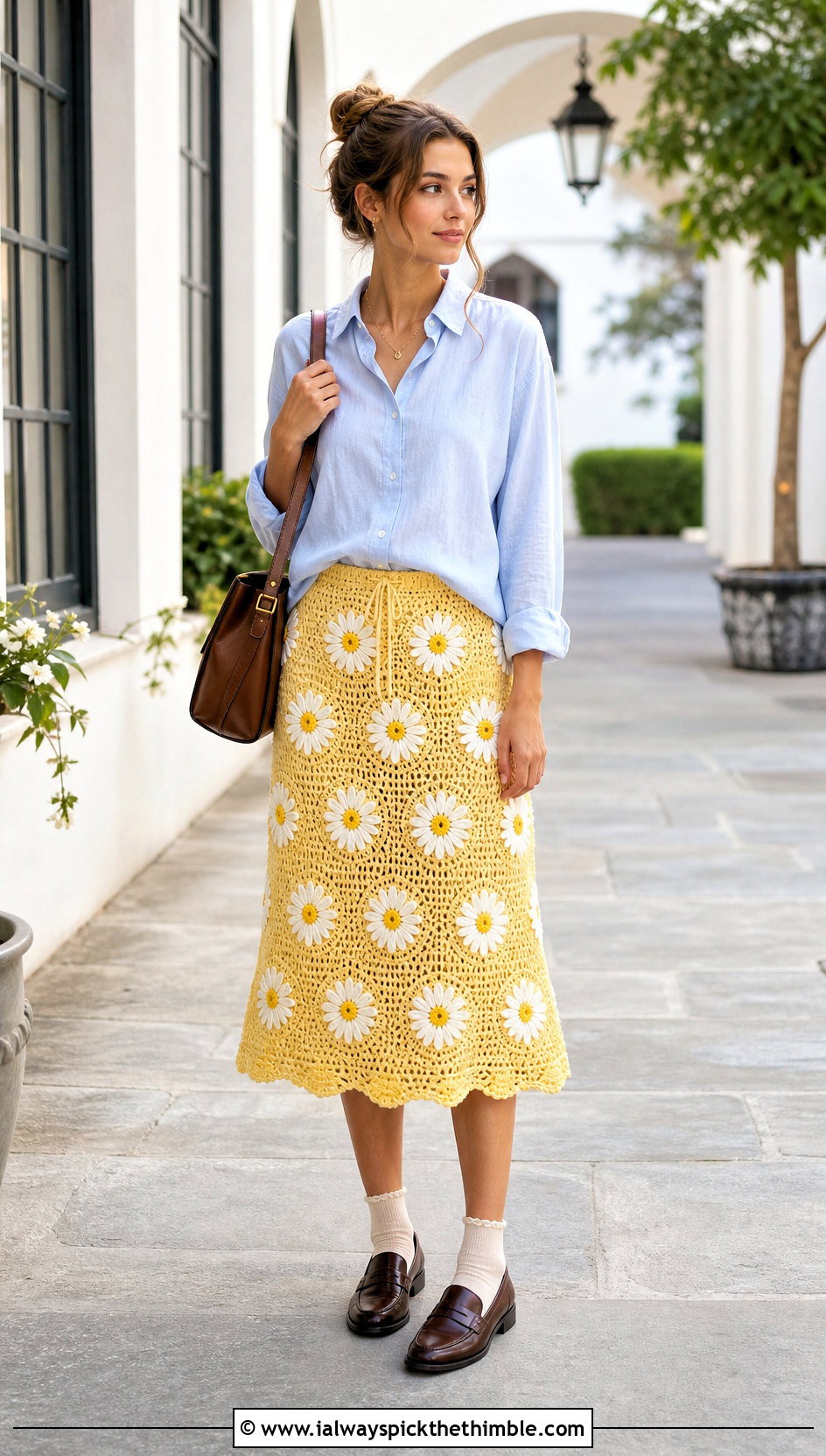 Daisy Motif Crochet Flower Midi Skirt With Oxford Shirt - 25 crochet flower skirt outfit ideas