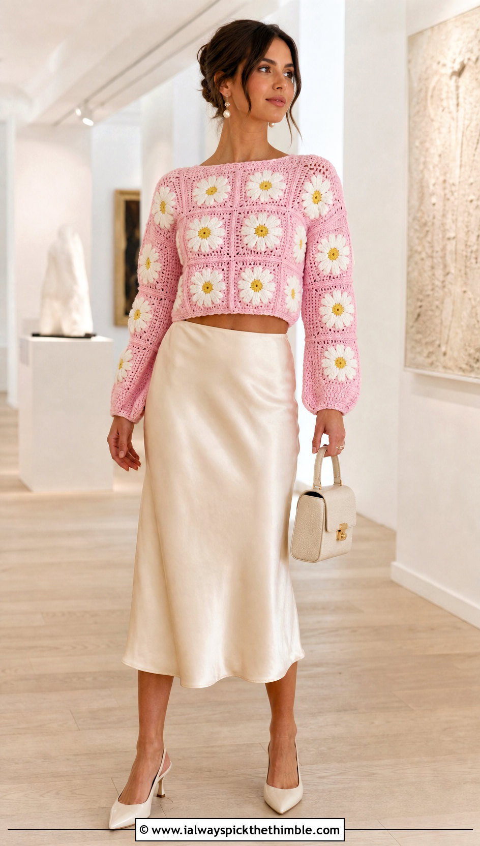 Daisy Motif Granny Crochet Sweater With Satin Midi Skirt - 20 granny crochet sweater outfit ideas