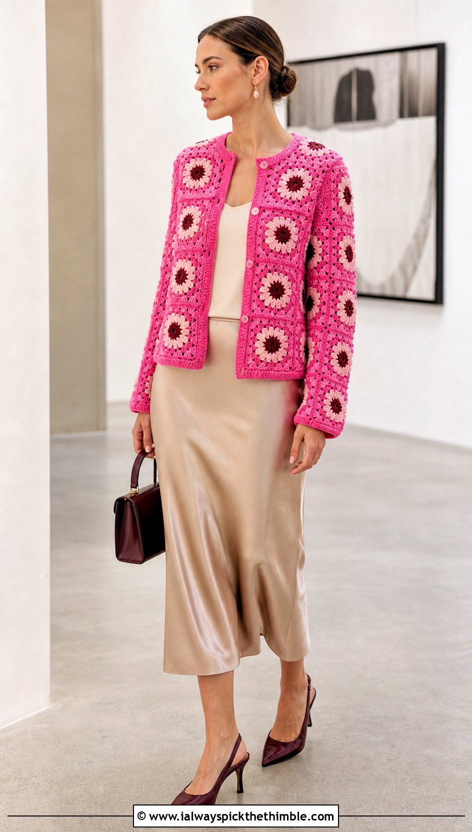 Daisy Motif Granny Square Cardigan With Satin Midi Skirt - 15 Never Off Granny Square Cardigan outfit ideas