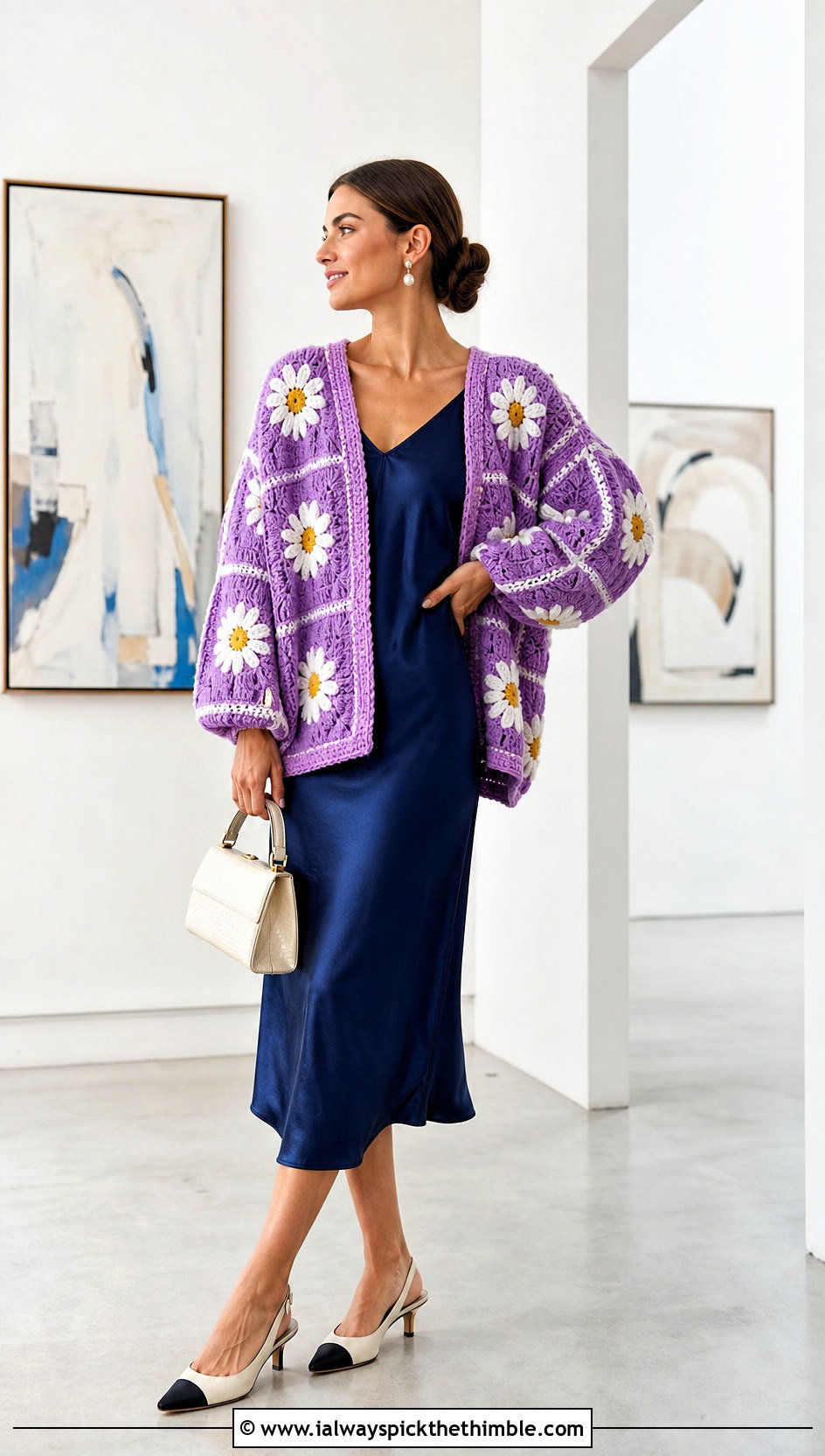 Daisy Motif Oversized Patchwork Crochet Cardigan With Slip Dress - 15 oversized patchwork crochet cardigan outfit ideas
