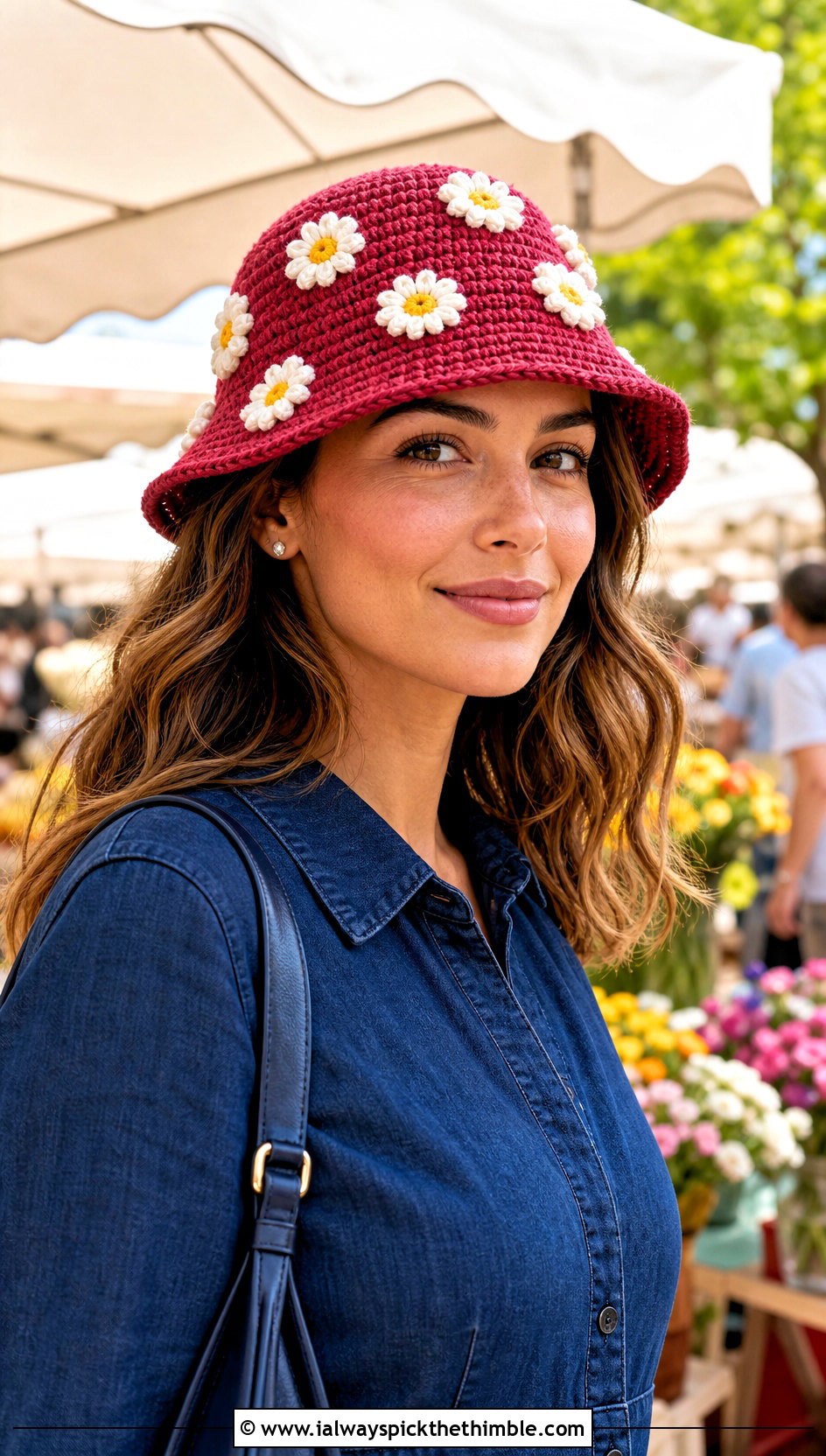 Daisy Motif Red Crochet Bucket Hat With Denim Dress - 20 red crochet bucket hat outfit ideas