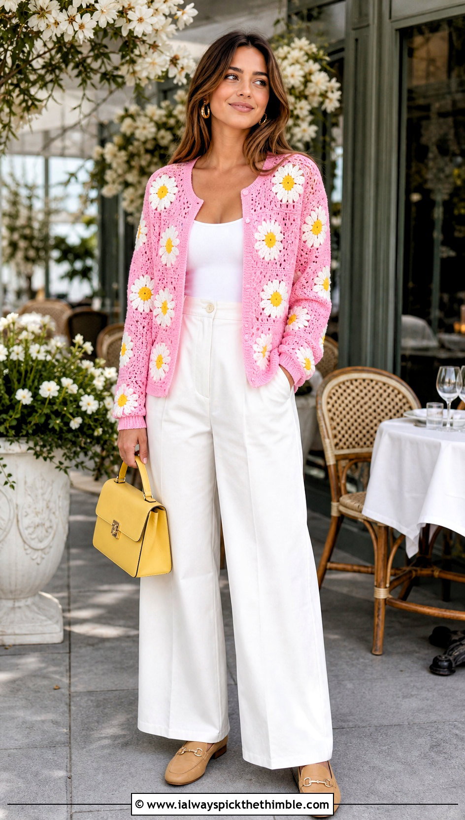Daisy Pink Granny Square Cardigan With White Trousers - 25 pink granny square cardigan outfit ideas