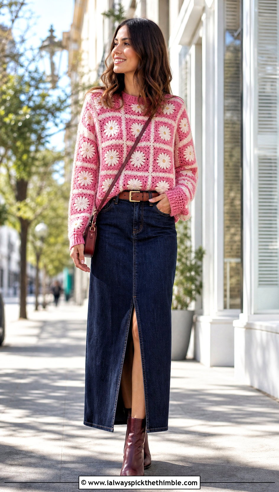 Daisy Square Crochet Block Sweater With Denim Maxi Skirt - 20 crochet block sweater outfit ideas