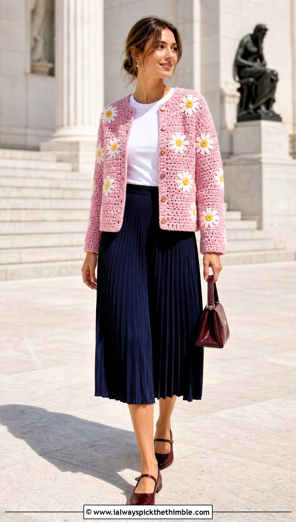 Daisy Square Jacket With Pleated Midi Skirt - 20 crochet square jacket outfit ideas